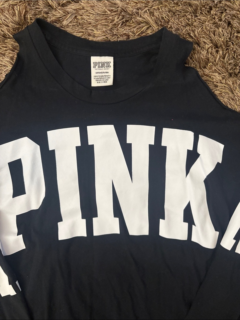 PINK Victoria's Secret Black Tank cut shoulders cute look with White Logo - Picture 2 of 4